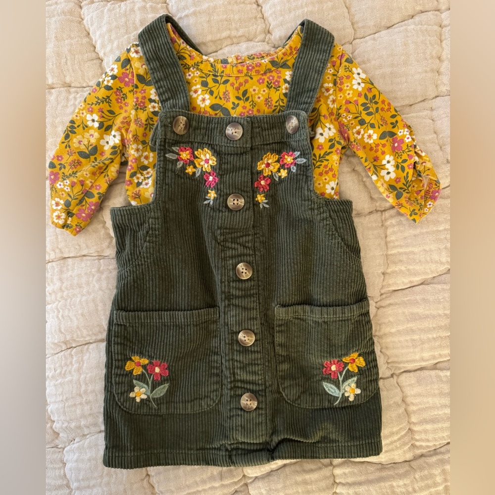 Little Lass Green Corduroy Overalls with Floral Shirt